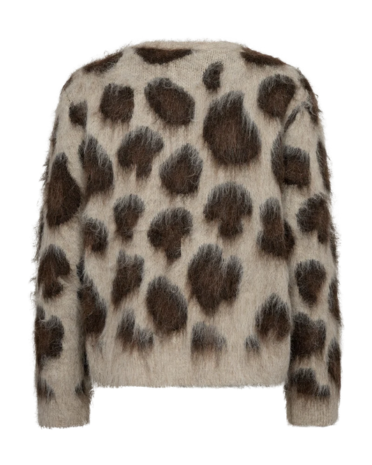 Stickad fluffig kofta, leopardmönster